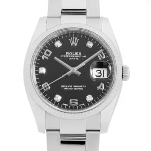 ロレックス オイスターパーペチュアルデイト 5Pダイヤ 115234G ブラック/アラビア 中古 メンズ